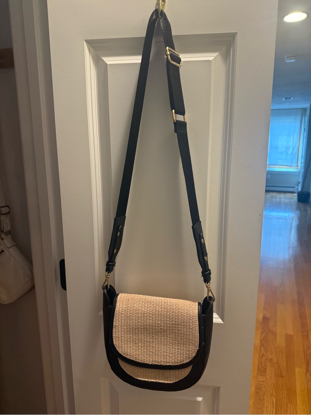 Woven Straw/raffia Crossbody Bag with Black Trim